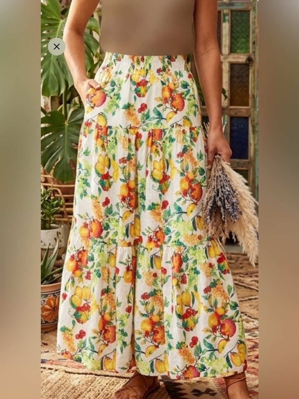 LC Lauren Conrad White Floral Tiered Maxi Skirt with Yellow & Orange Fruit Print